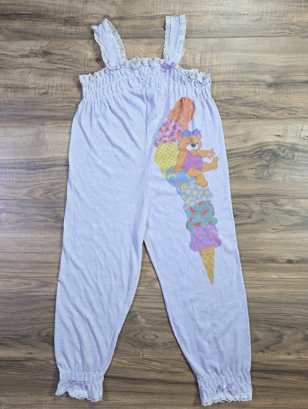 Vintage 80s Dr Denton Smocked Ice Cream Bear Pajama Jumpsuit Romper Girls 8